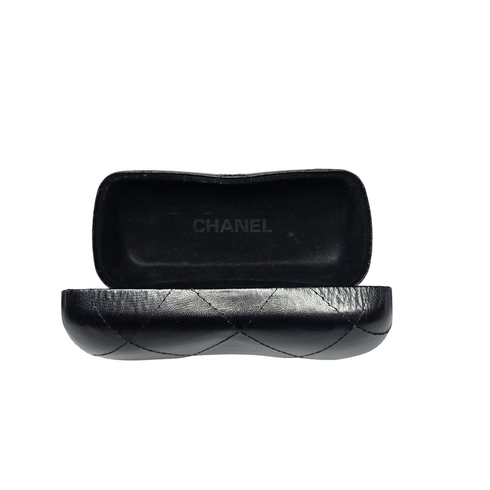 Chanel Black Quilted Leather Sunglasses Case Silver CC Logo Hard Shell OS